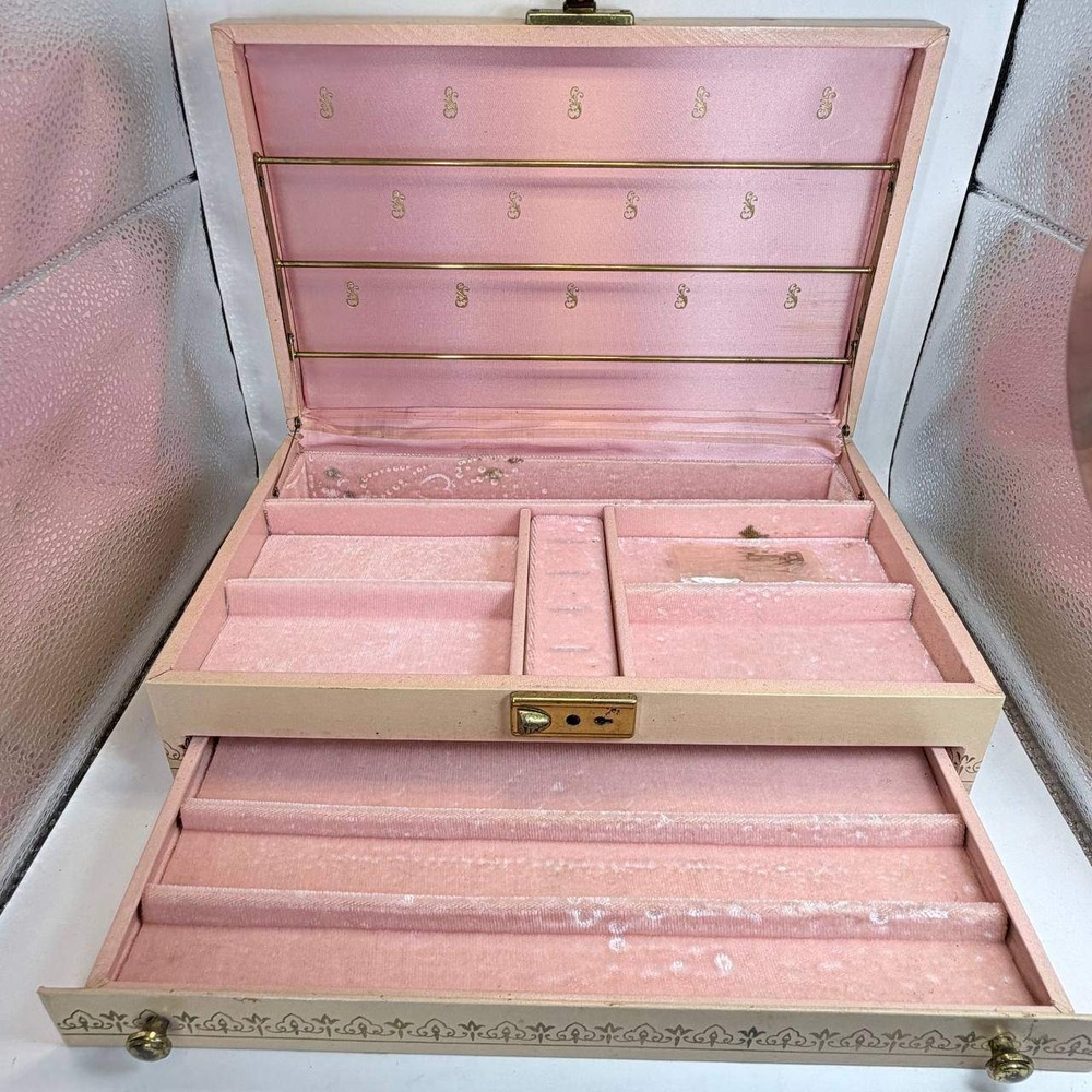 Vintage Mele Large Jewelry Box Cream Pink Faux Leather Two Tier with Key